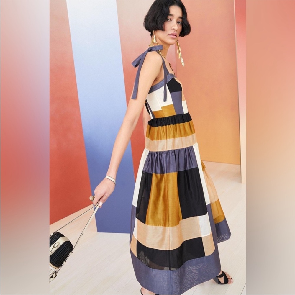 Ulla Johnson Minerva Patchwork Dress Blue Gold Size 4